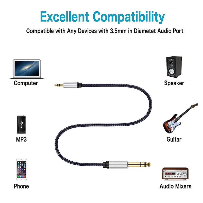 1.5M 1/8 to 1/4 TRS Stereo AUX Cord 6.35mm to 3.5mm Jack Adapter Male to Male Audio Cable for MP3 Phone PC Guitar Speaker Mixer