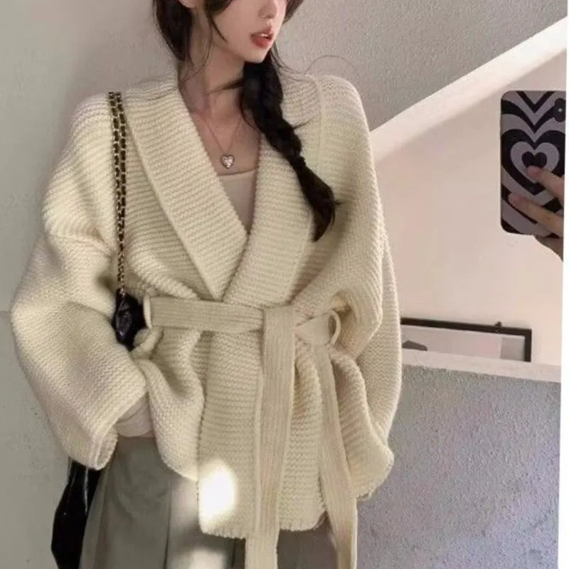 2024Women\'s Autumn Winter Fashion Solid Color V-neck Strap Korean Versatile Long Sleeved Loose Sweater Knitted Cardigan Coat