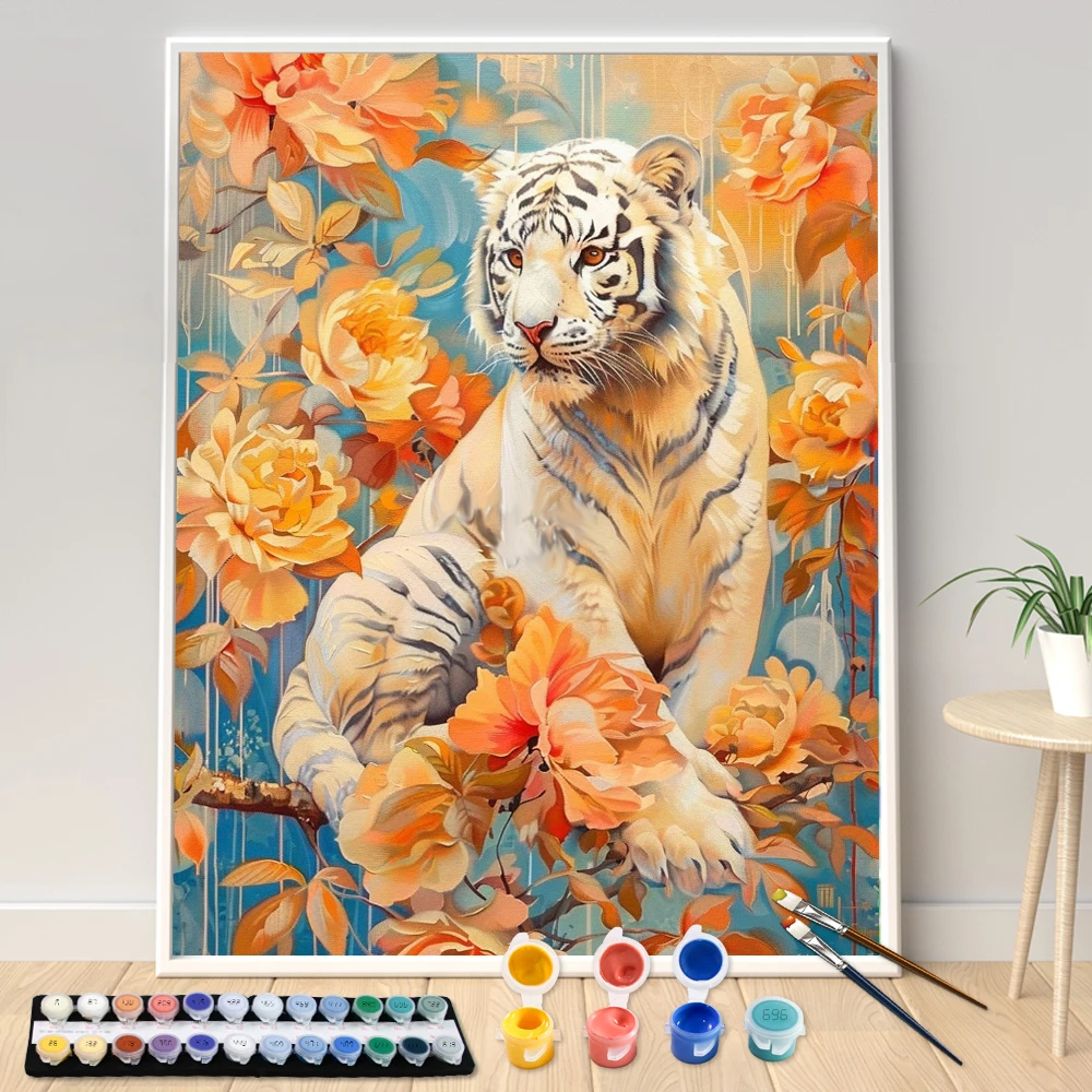 Hand Painted Tiger Cub Around Flowers Aldult Acrylic Painting by Numbers Kit Seascape DIY Artwork Canvas Art Gift Home Decorate