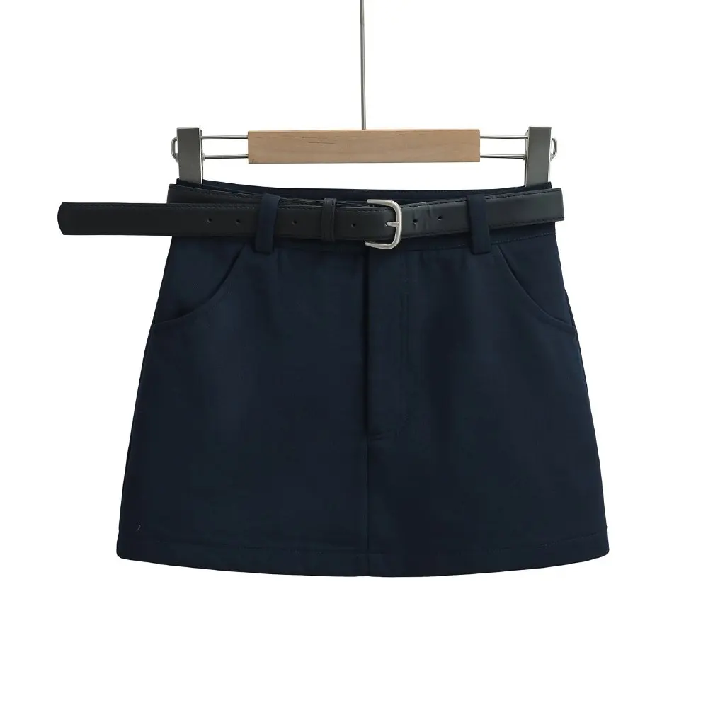 

Women's Korean Style Preppy High Waist A-Line Skirt Retro Slimming Anti-Exposure Belted Skirt for Spring