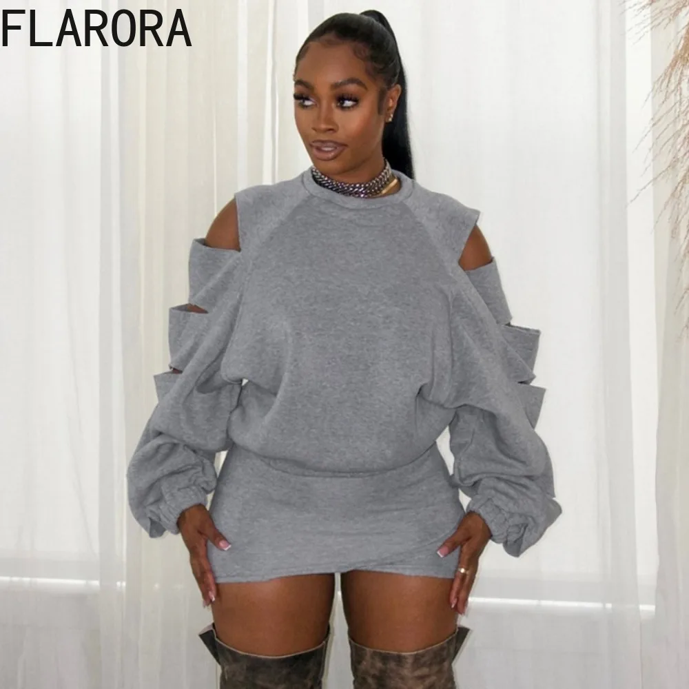

FLARORA Fashion Hollow Out 2 Pcs Sets Woman Solid Color O Neck Long Sleeve Loose Tops And Irregular Short Skirt Y2k Streetwear