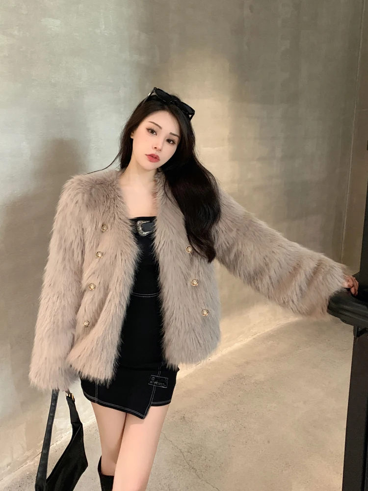 2023 Winter New Women Fashion Faux Fur Jacket Advanced Sense Button Decoration Loose Warm Fluffy Plush Thickening Outwear Coats