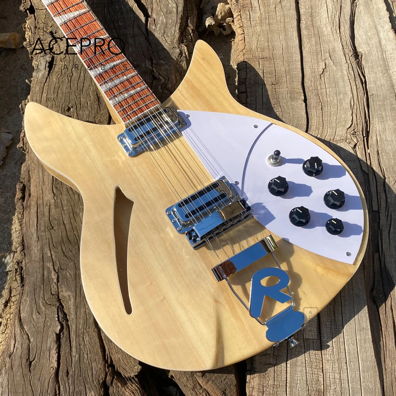 12 String 360 Electric Guitar Natural Semi Hollow Body Double Output Jacks Tailpiece Bridge Rosewood Fretboard Guitarra