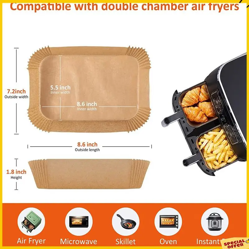 A24P 에어 프라이어 라이너 닌자 듀얼 용 일회용 종이, 200 Pcs 에어 프라이어 라이너 직사각형, 에어 프라이어 액세서리