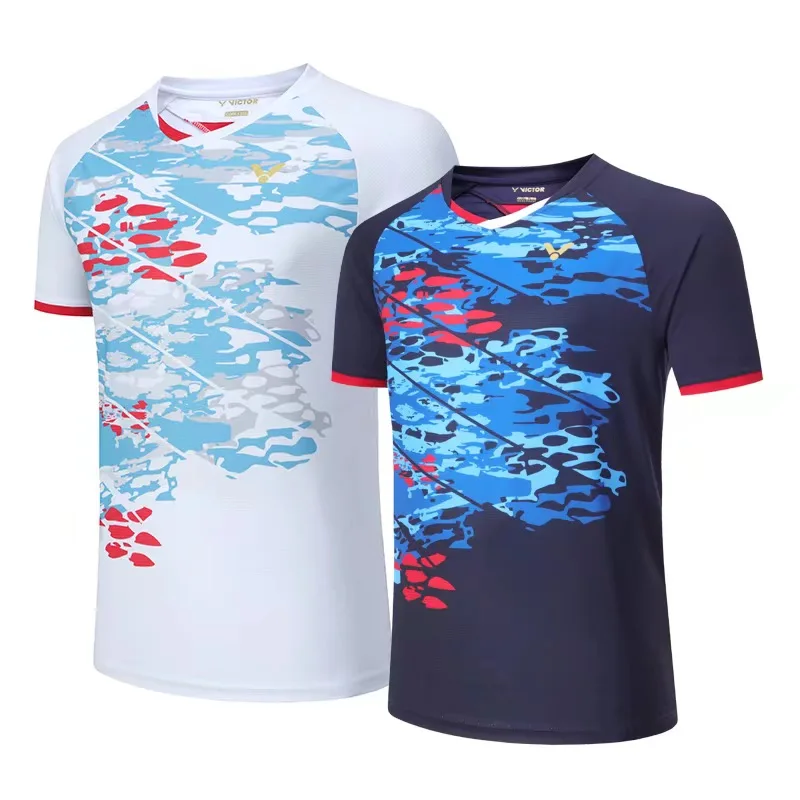 

Customized a set of men's and women's badminton T-shirt shorts quick drying breathable light V-neck tennis training T-shirt