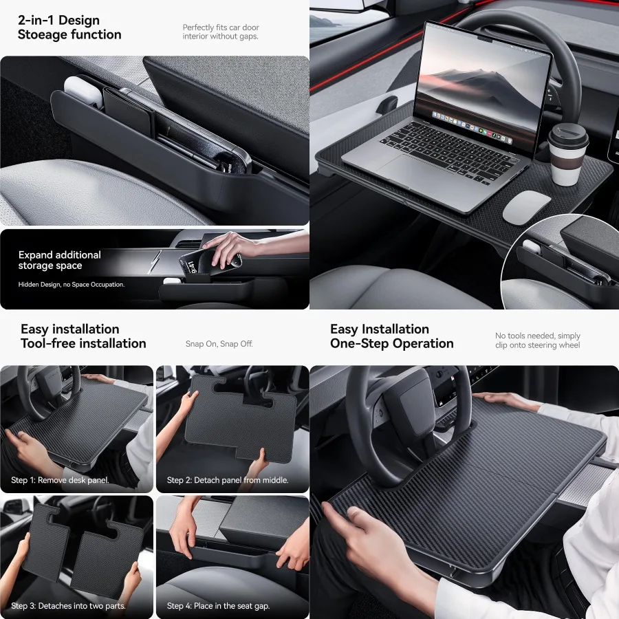 

2-in-1 Car Steering Wheel Desk Tray and Seat Gap Filler Organizer with Foldable Carbon Fiber Look Design for Laptop Use Eating