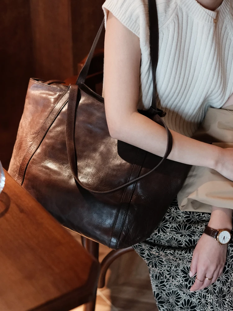 

Fashion vintage genuine leather women's large capacity tote bag simple luxury handmade shoulder bag cowhide shopping handbag