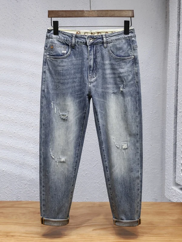 

Retro Patchwork Hole Denim Jeans Men Loose Fit Eighteen Pants Washed Versatile Trendy Cone Long Trousers Wear Resistant Spring