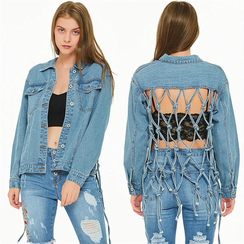 

2023 Fashion Washed Denim Jacket Women Tassels Short Coat Spring Autumn Streetwear Hollow Back Outerwear Female Loose Jean Coats