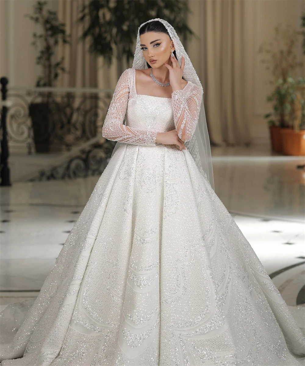 

Customized Soft White Organza Wedding Dress Formal Square Collar Long Sleeves Bridal Gown Soft A-Line Court Train Robe de mariée