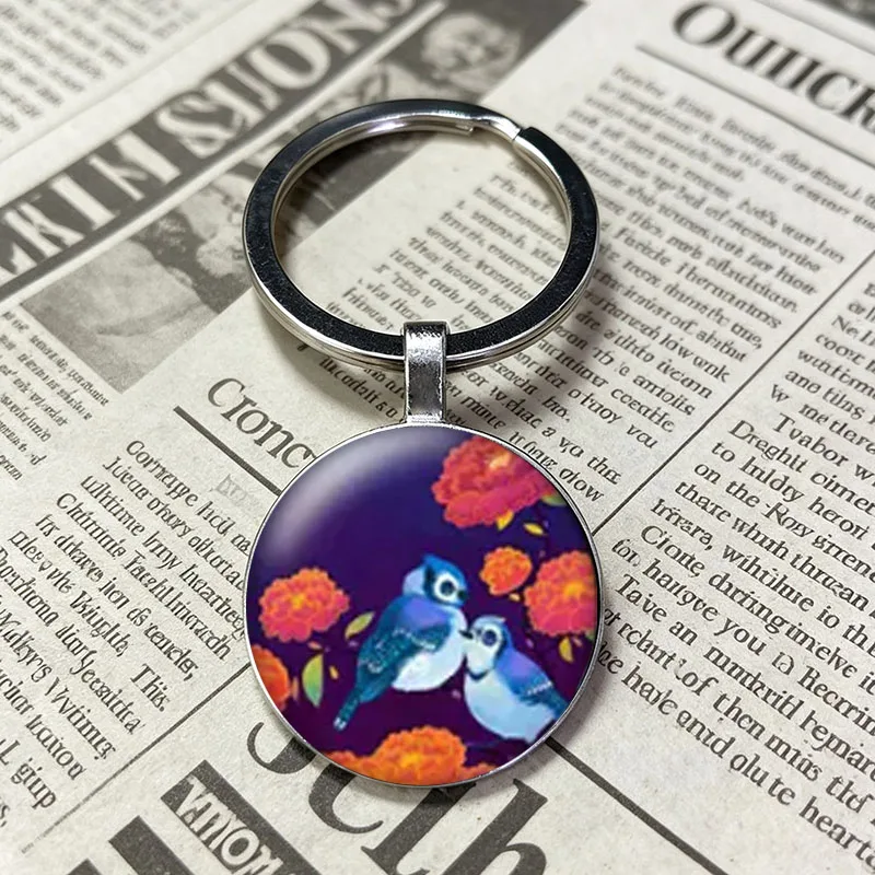 Vintage Illustrated Bird Pattern Keyring, Tropical Toucan Magpie Floral Butterfly Print Key Chain For Backpack Purse Accessory