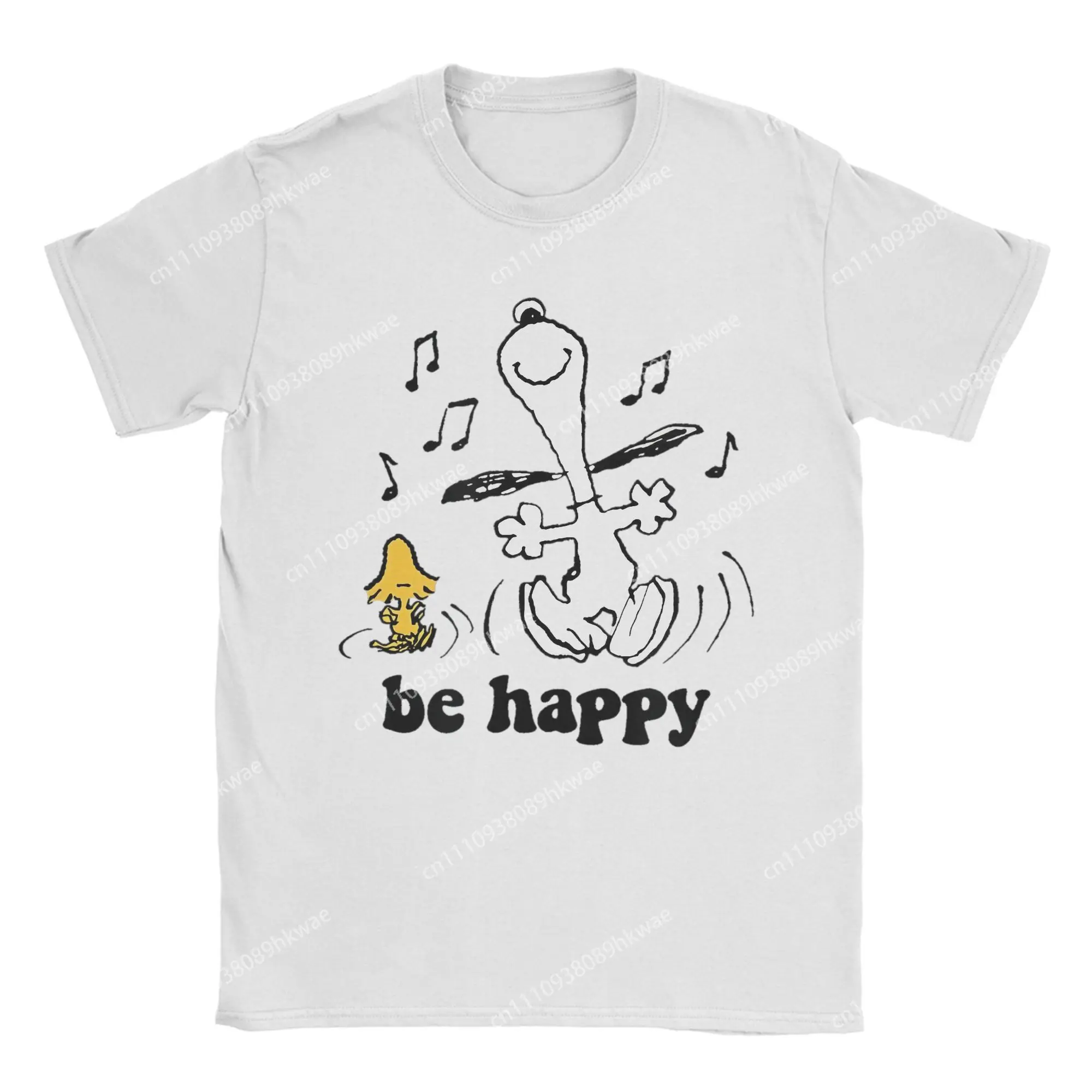 Camiseta Snoopy y Woodstock's Be Happy Dance para hombre, camiseta 100% de algodón, camiseta con cuello redondo, camiseta de dibujos animados, ropa de manga corta