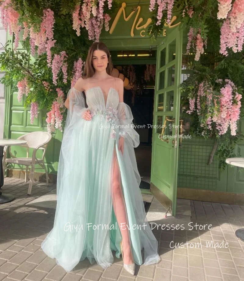 Giyu Fairy Mint Green Tulle Long Prom Evening Dresses Strapless 3D Flowers Split Sexy Long Sleeves Formal Party Dress Vestidos