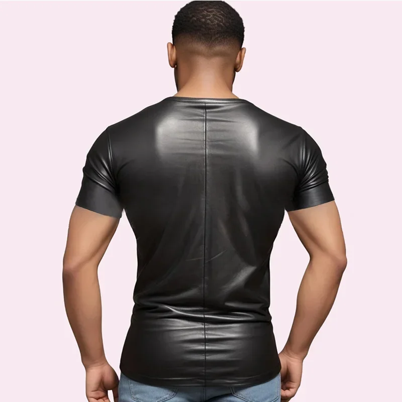 Men's Sexy Matte Faux Leather Round Neck T-shirt Vest Male Stretch Undershirt Casual PU Streetwear Muscle Tight Top New Custom