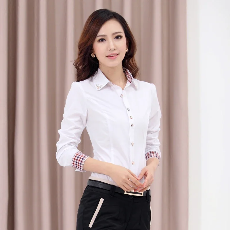 Spring New Plaid Patchwork Slim White Shirt Tops Long Sleeve Polo Neck Solid Color All-match Blouse Office Fashion Women Clothes