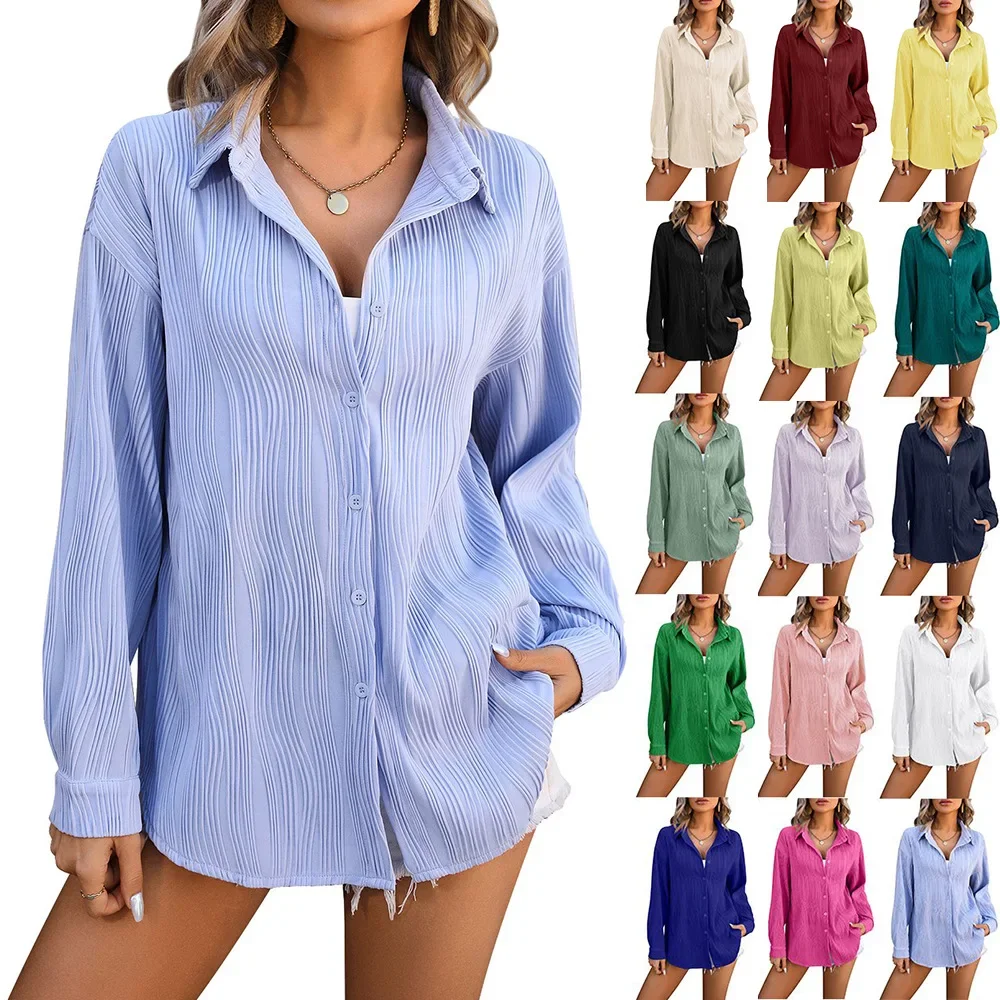 Women's Long-sleeved Shirt Lapel Single-breasted Beach Sunblock Dress Women's Blouse For Office Lady Clothing Autumn