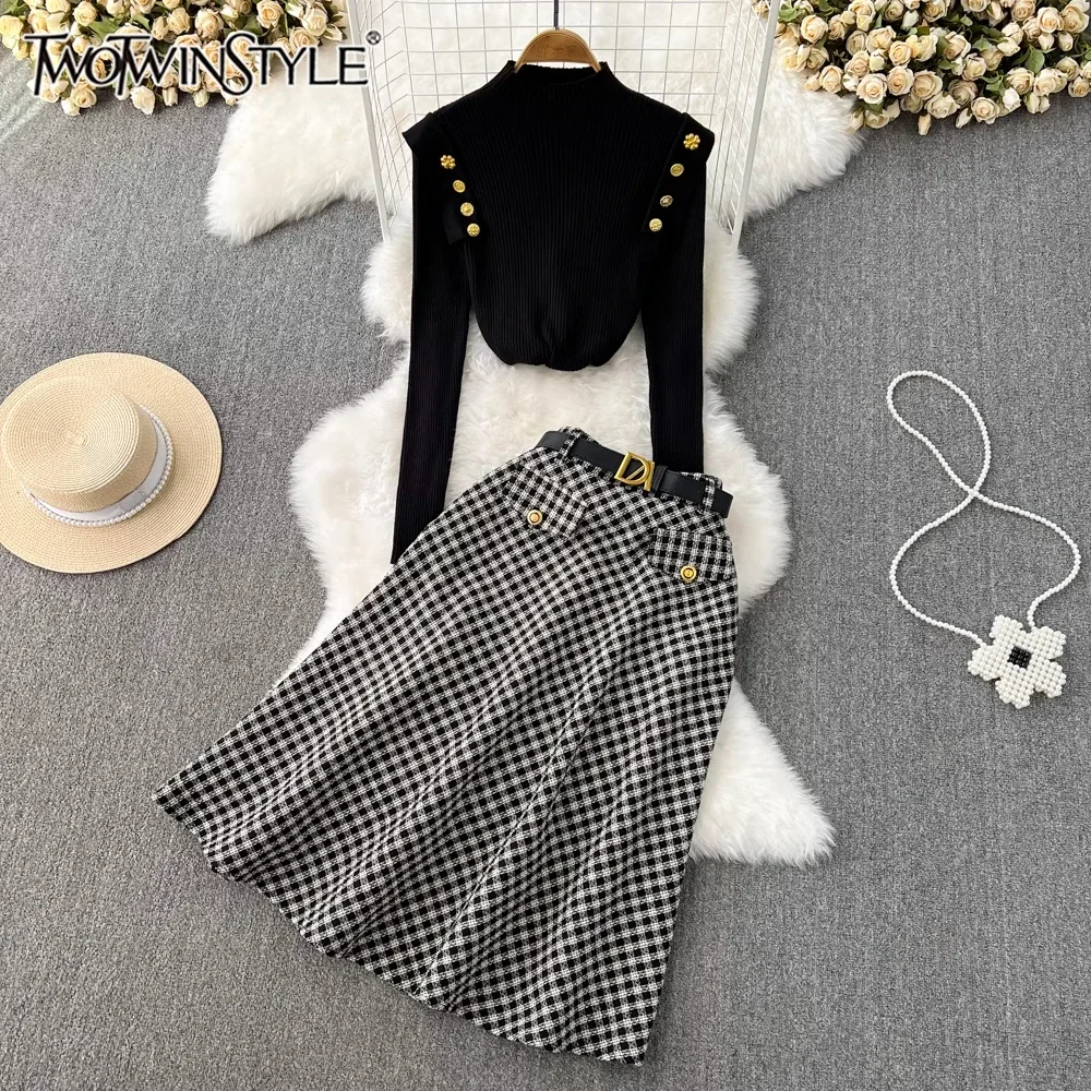 

TWOTWINSTYLE Elegant Two Piece Set For Women O Neck Long Sleeve Spliced Button Tops Plaid Print Midi Skirt Set Female KSE524914