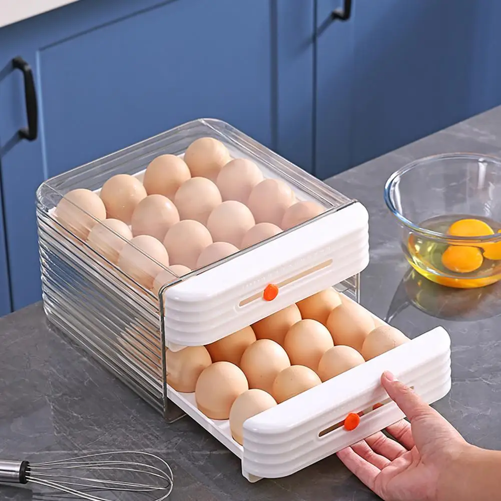 

2-Layer Stackable Refrigerator Egg Storage Organizer with Data Slider 32 Grids Drawer Type Egg Holder Egg Storage Container