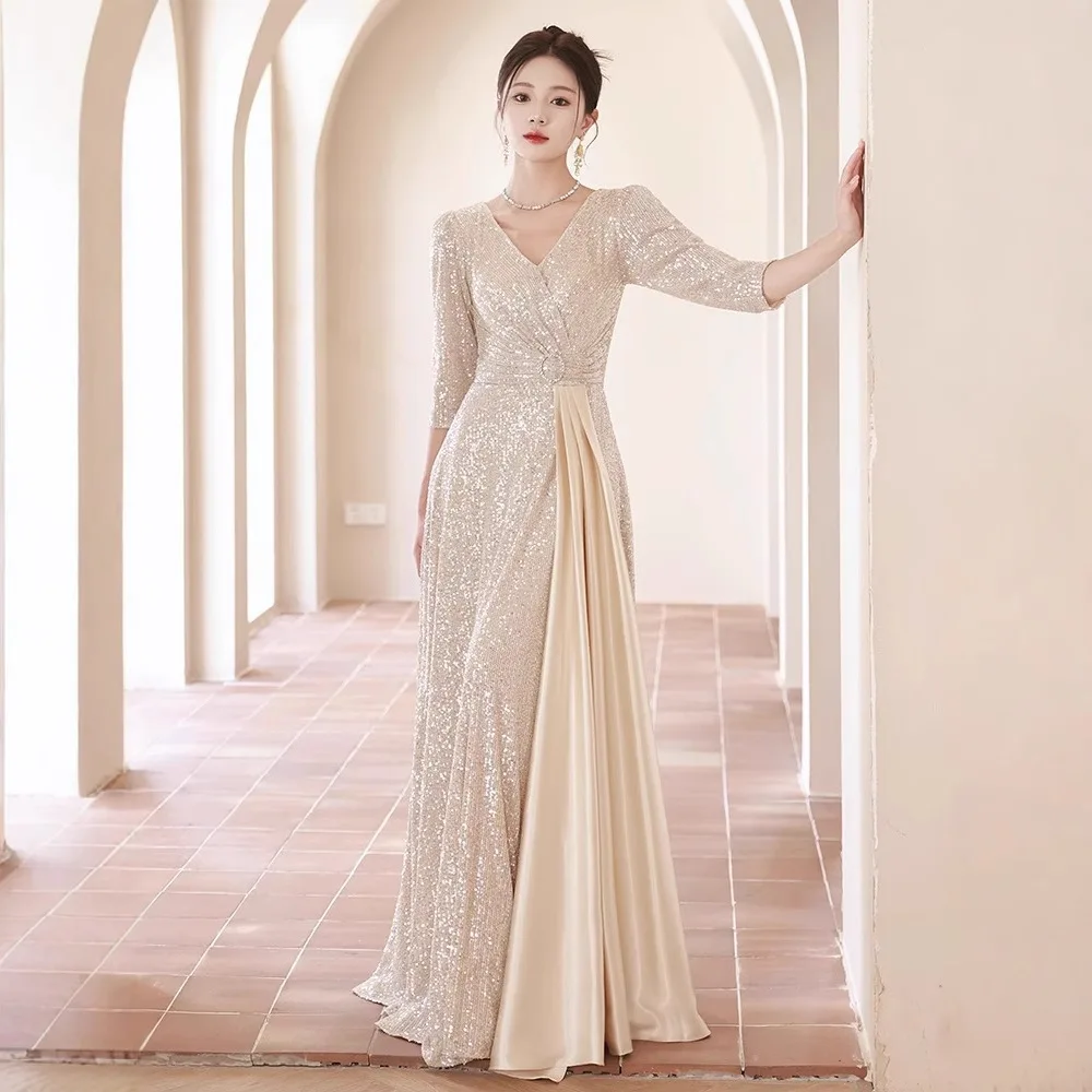 

Women New Chinese Style Dress Sparkly Stylish Qipao Sequins Prom Gown Bride Wedding Dress V Neck Cheongsam Vestidos De Festa