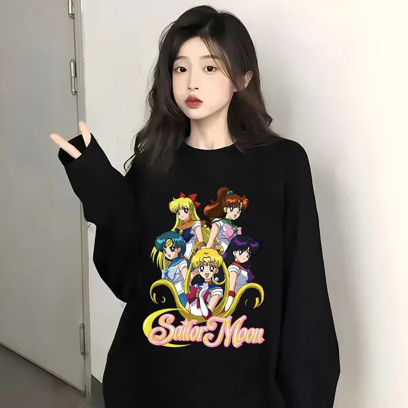 2025 Sailor Moon Warrior Fashion Dicker Plüsch Damen Anime Charakterdruck Herbst/Winter Neuer Rundhals Langarm Lose Hoodie