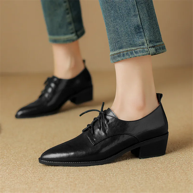 New Spring Split Leather Women Shoes Pointed Toe Women Pumps Chunky Heels Lace Loafers Shoes for Women French Retro Casual Shoes