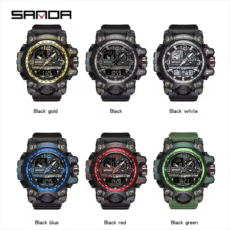 SANDA 3133 ساعة إلكترونية للرجال عصرية موضة رياضية تاريخ مقاوم للماء مؤشر رقمي تناظري عرض مزدوج ساعة معصم للطلاب
