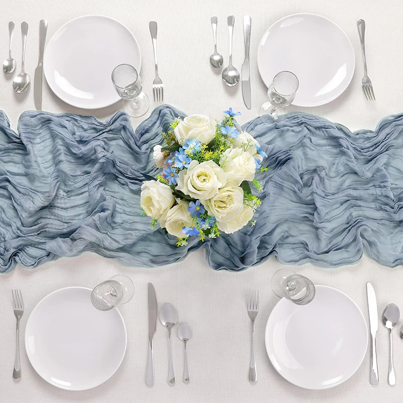 1pc Dusty Blue Boho Style Cheesecloth Table Runner Perfect for Thanksgiving Baby Shower Tablecloth Overlay Chic Home Décor image 4