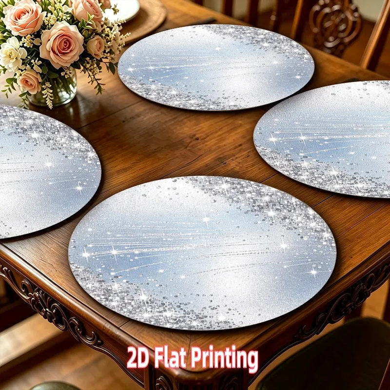 VIKAMA Linen Round Placemat, Silver Blue Glitter Sparkle, Washable Stain Resistant Easy Clean, Coffee Table Decor