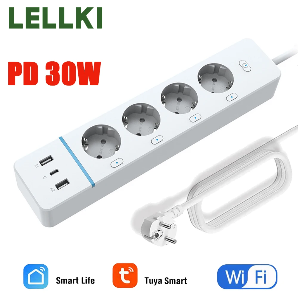 LELLKI WiFi Socket 2A1C PD30W Power Strip Energy Monitoring EU Plug Tuya Smart Life Alexa Google Independent Control Button 16A