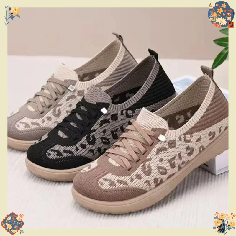 Summer Leopard Mesh Knit Walking Shoes For woman Elderly Mother Casual shoe Non Slip Soft Sole Breathable Light Women's Sneakers