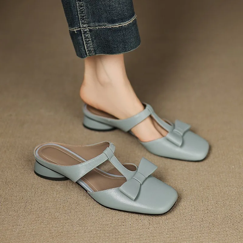 

Baotou Half Slippers Women's Summer New Square Toe Shallow Mouth Bow Low Heel Block Heel Slip-on Wear-resistant Slippers