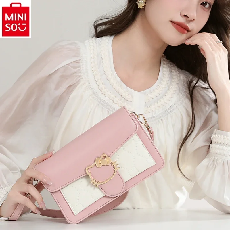 

MINISO 2024 Cartoon Lock Hello Kitty Small Square Bag for Women, High Quality Sweet and Versatile Large Capacity Shoulder Bag