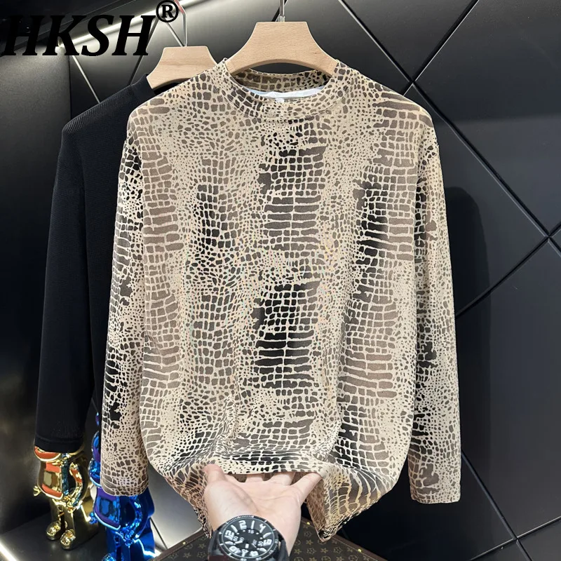 HKSH Spring Autumn New Men Fashion Personality Color-Block O-Neck Long Sleeve T-shirt Trend Leopard Casual Chic Ins Tops HK16888