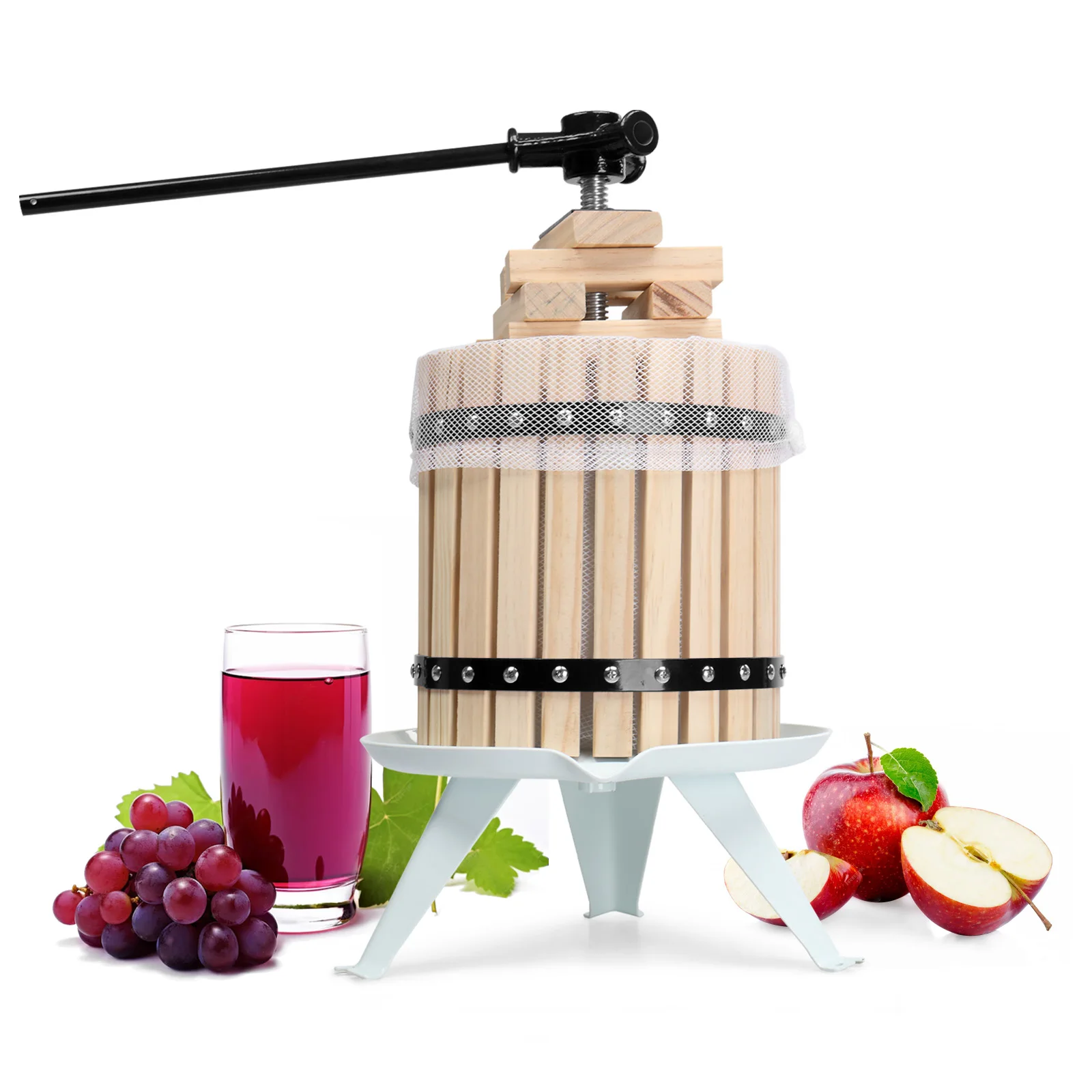 Prensa de vinho de frutas de 3.17 galões, cesta de madeira para fazer vinho com 6 blocos, triturador manual de suco de uva de maçã de sidra de 12 litros