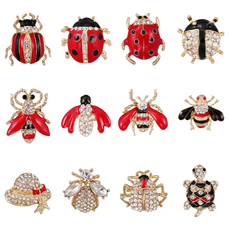 Baiduqiandu Brand 12 Mixed in a Card Crystal and Enamel Ladybird Insects Brooch Pins Sets