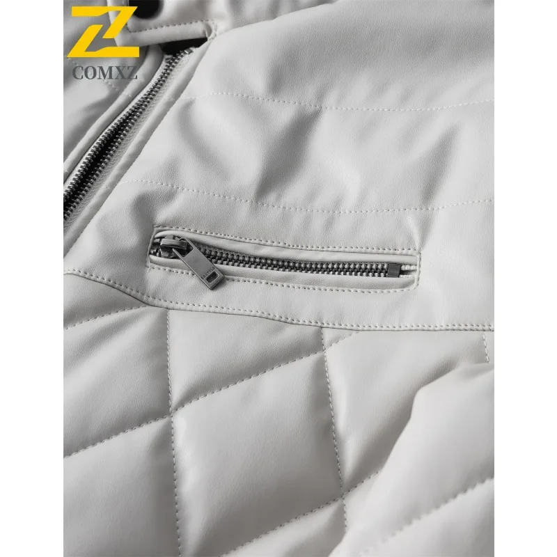 COMXZ Winter Man PU Leather Jacket Fashion Outdoor Camping Windproof Warm Coat Classic Stand Collar Coldproof Comfort Outerwear​