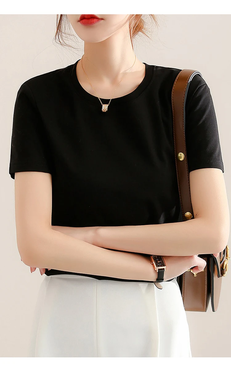 Sommer Hohe Qualität Reine Mercerisierter Baumwolle T-shirts frauen Lose Rundhals Kurzarm T-stücke Weibliche T Shirt Einfarbig Tops – Detail 16