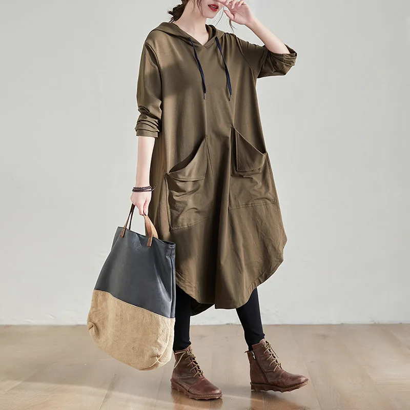 

2023 Spring New Women's Dress Loose Brief Long Big Pocket Over-the-knee Solid Hooded Dress Female With Drawstring D001