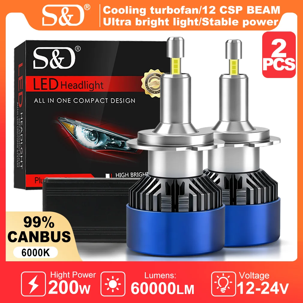 

S&D H7 Copper Pillar 4 Sides 360 LED Headlight Bulbs CANBUS 60000LM H11 9005 9006 CSP LED Lights with Fans 6000K Auto Headlight