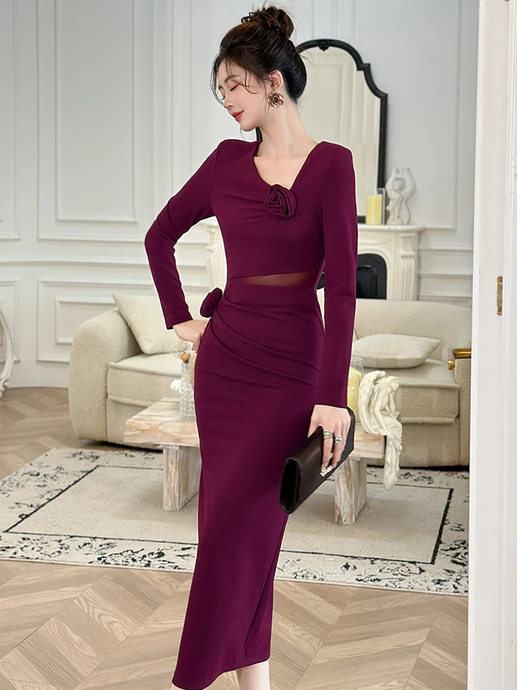 ヴィンテージシックなミディ丈シースドレス、女性用、エレガントなカットアウトウエスト、3Dローズ装飾、パーティードレス、イブニングフォーマル、集まり用ドレス