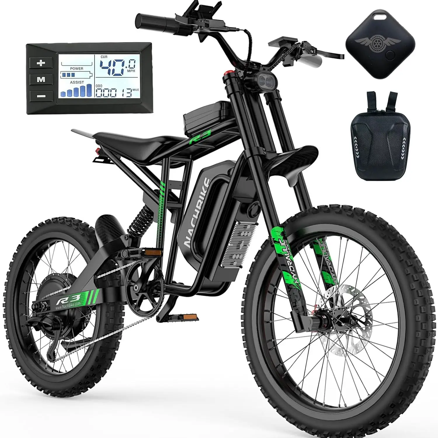 

Электрический кроссовый мотоцикл R3 40 миль/ч, аккумулятор 60В20Ач 1200Втч, мощность 6000Вт, запас хода до 50 миль, 19-дюймовые колеса, двойные гидравлические тормоза