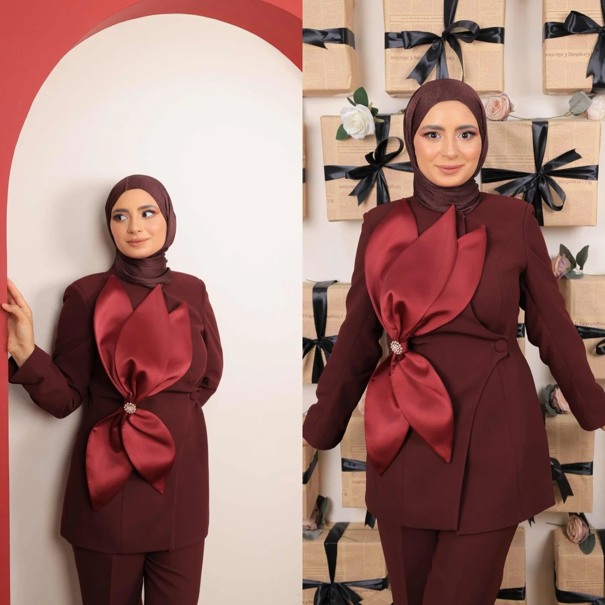Muslim Girls Pants Suits 2 Pieces Customized Big Bow Jacket Blazer Set Ladies Graduation Ceremony Formal Wedding Guest Wear