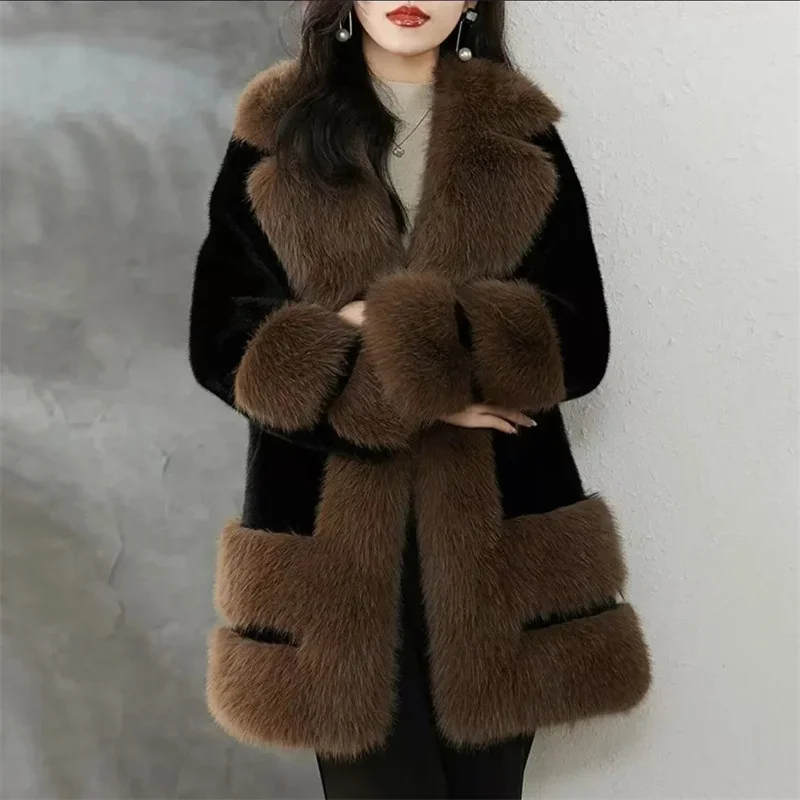 High-end Fashion Fox Fur Collar Fur Jacket Women Temperament Thicken Warm Fur Jacket Autumn Winter Plush Velvet Parkas Overcoat