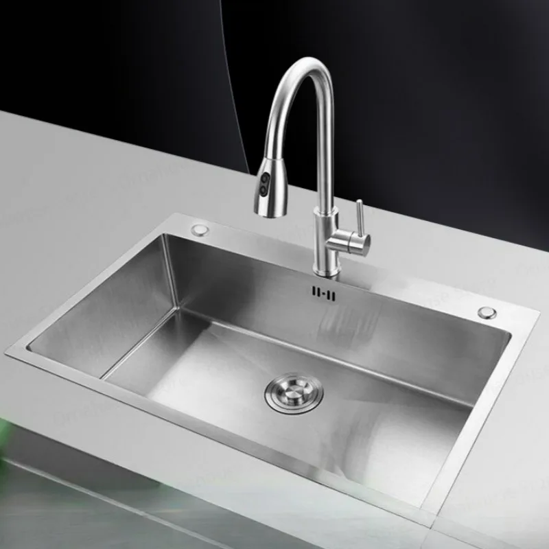 Brushed Stainless Steel Kitchen Sink 3-hole Single Slot Home Improvement Single Slot with Drains Cold and Hot Water Mixer