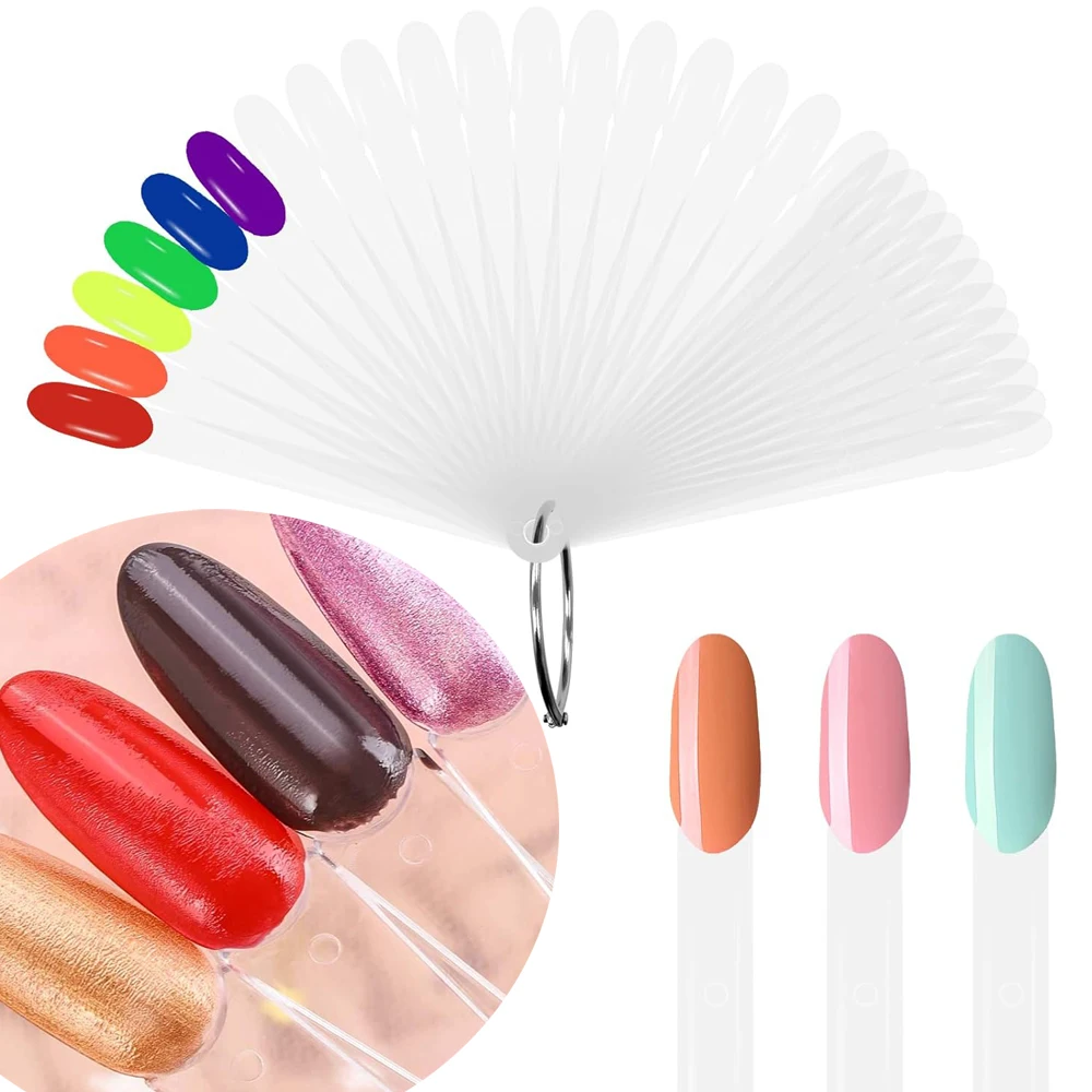 50 stks Wit Helder Amandel Kleurenkaart 12 cm Fan Met Ring Ovale Valse Nail Art Display Gel Polish Stand praktijk Palet Nail Gereedschap