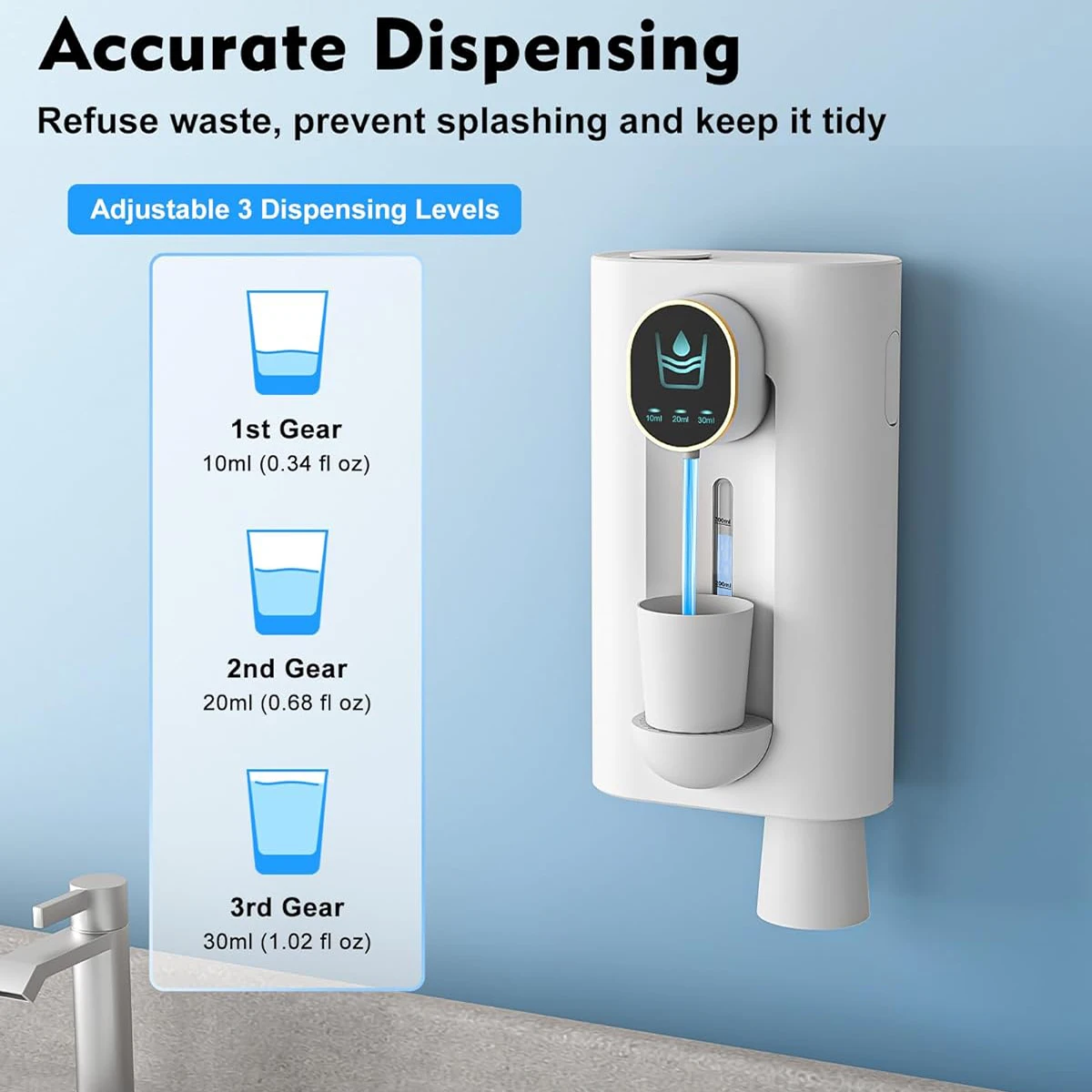 2025 Nuevo dispensador de enjuague bucal inteligente sin contacto de 540 ML con LED, 3 modos, montaje en pared/mesa, 2 tazas, esencial para el baño 2 en 1
