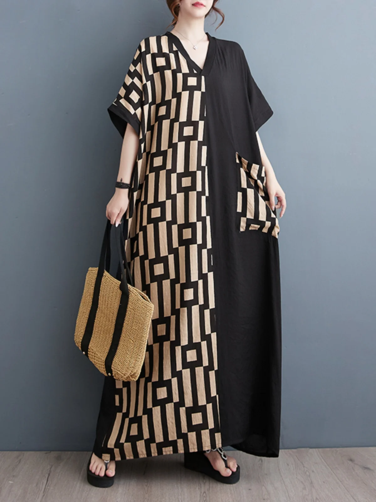 Été nouvelle grande taille minceur V-Ne ort Sve Patchwork longue coton lin Dr Bla jupe trapèze trajet Sle T-shirt...