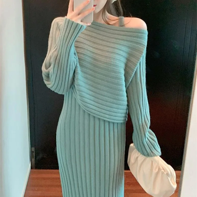 

Korean Women's Elegant V-neck Knitted Sleeveless Dress+Pullovers Sweater Tops Sweet 2pcs Set Solid Color Fall Winter Streetwear