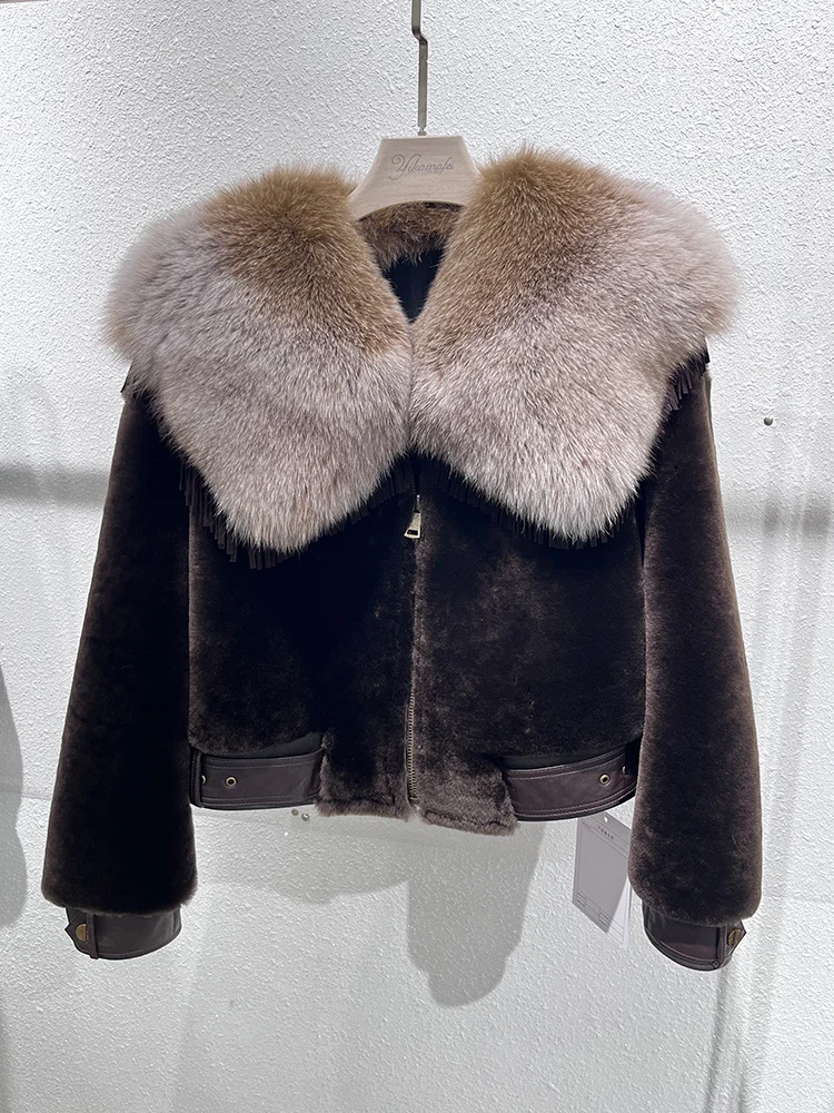 

Winter Women Real Fox Fur Collar Natural Merino Sheep Fur Coats Genuine Leather Jacket Thick Warm Outerwear Female Coats