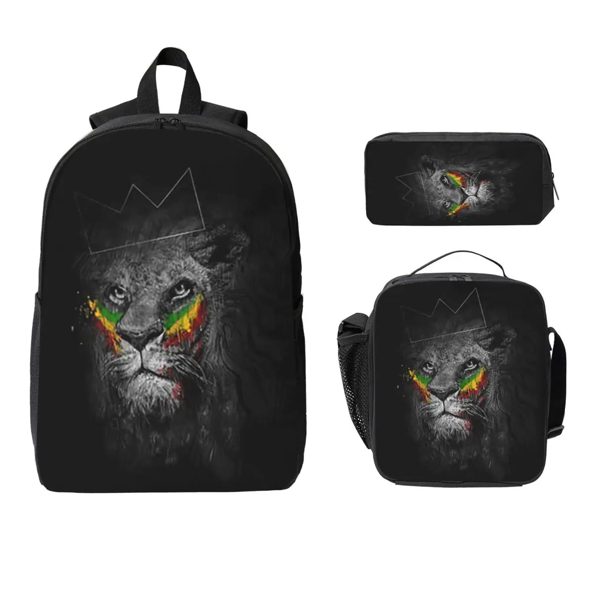 

Rastafarian Amaiquina Reggae Rasta Lion Street Skullies Backpack Boy Girl BookBag School Bag 3ps Insulated Lunch Bag Pencil Case